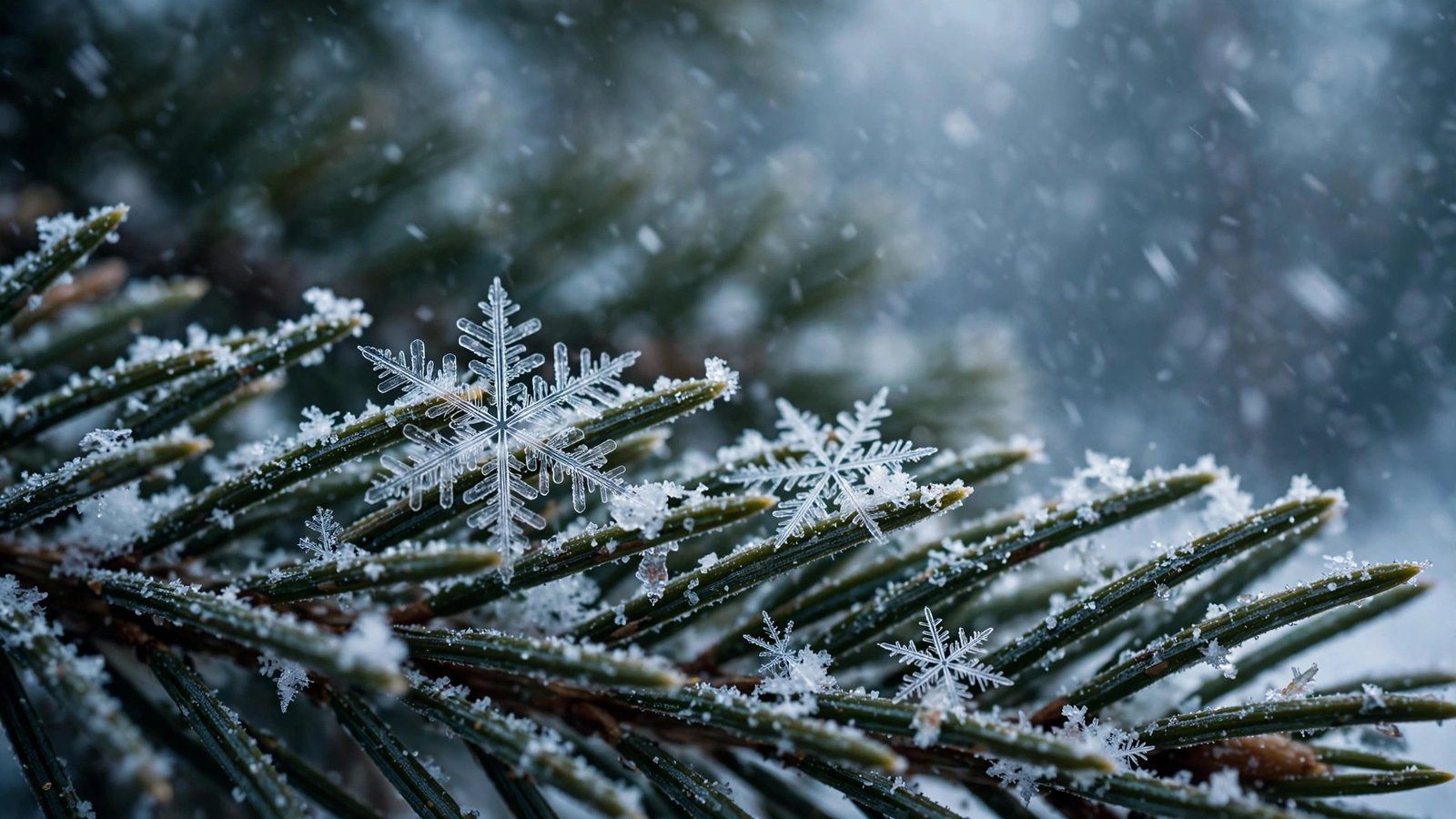 Snowflakes on pine needles winter snowfall wallpaper