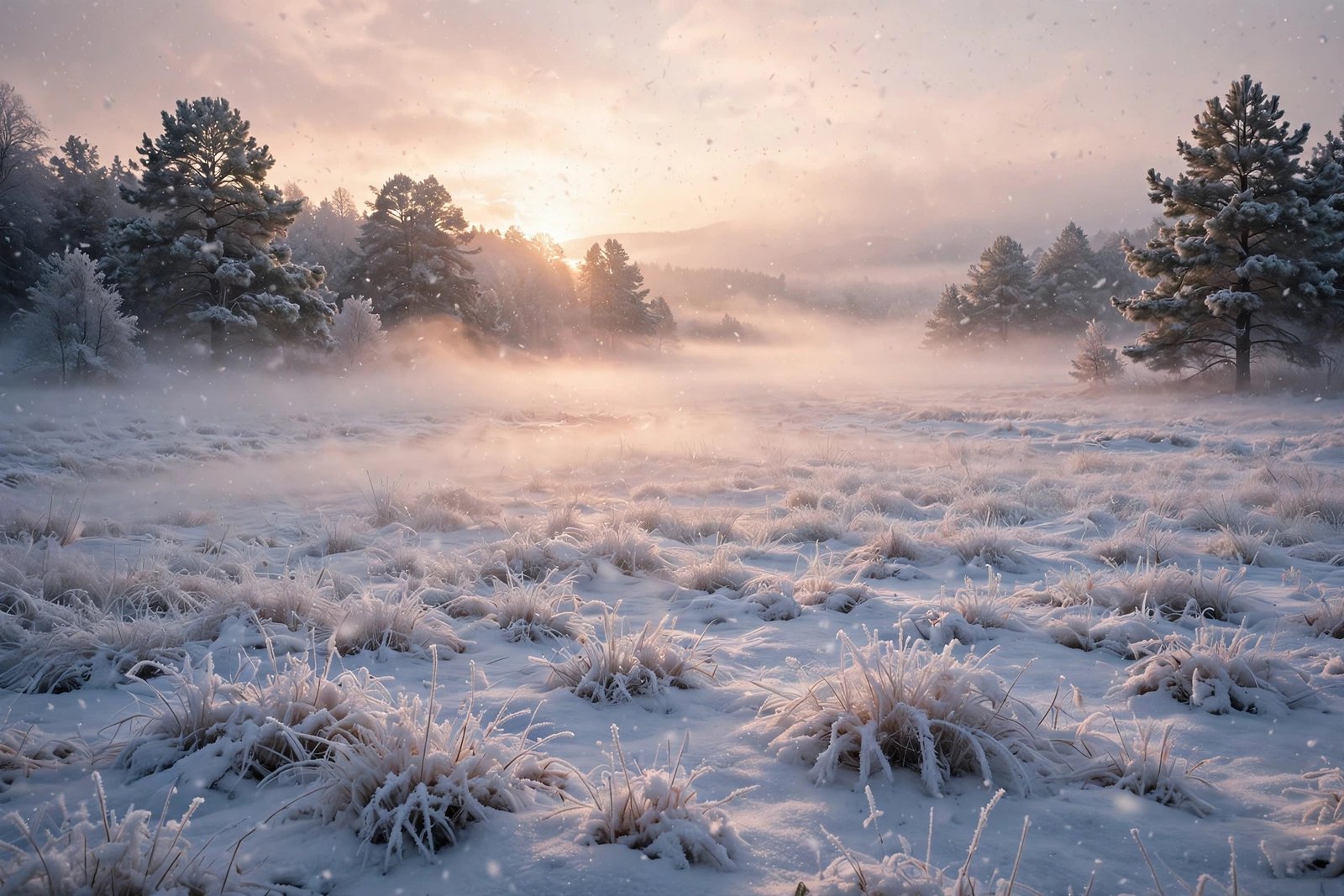 Misty winter meadow at sunrise winter snowfall wallpaper