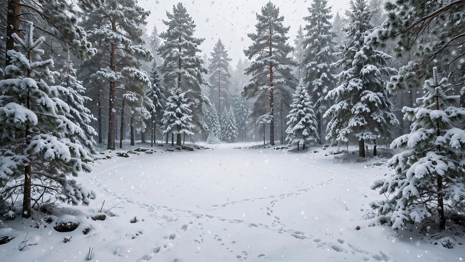 Snowy forest clearing winter snowfall wallpaper